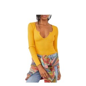 Free People Intimately Women Y2K Ciara Layer Top Waffle Knit L Fall Yellow New